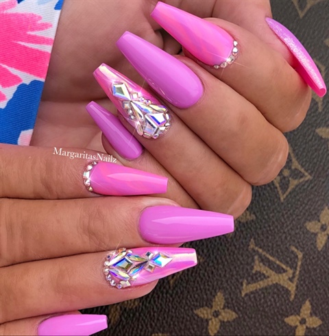 Pink Purple Bling Coffin Nails 