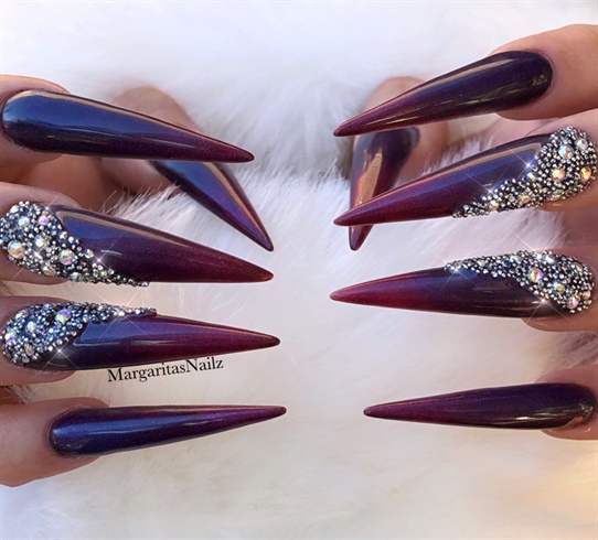 Purple Ombr&#233; Bling Long Stiletto Nails 
