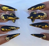 Black And Gold Matte Stiletto Nails 