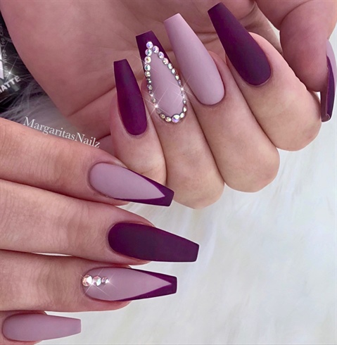 Matte Nude Coffin Nails Plum V Tips - Nail Art Gallery