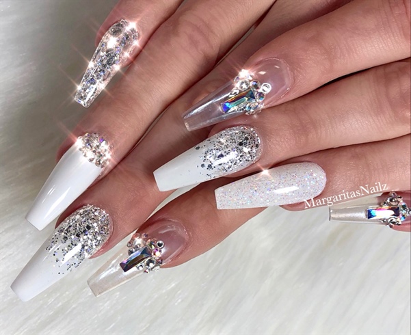 White Clear Bling Glitter Coffin Nails 