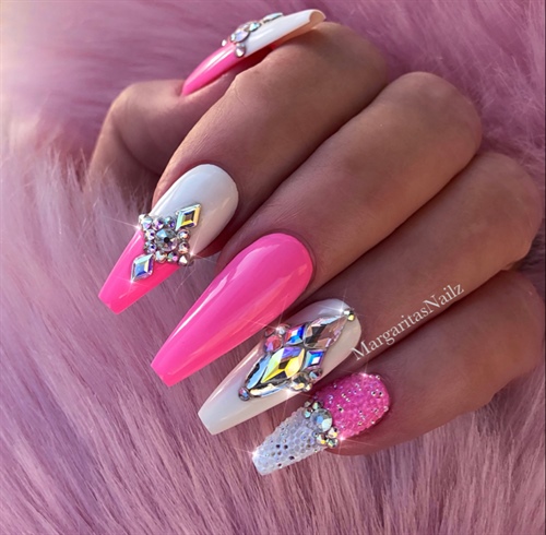 Pink White Pixie Bling Coffin Nails 