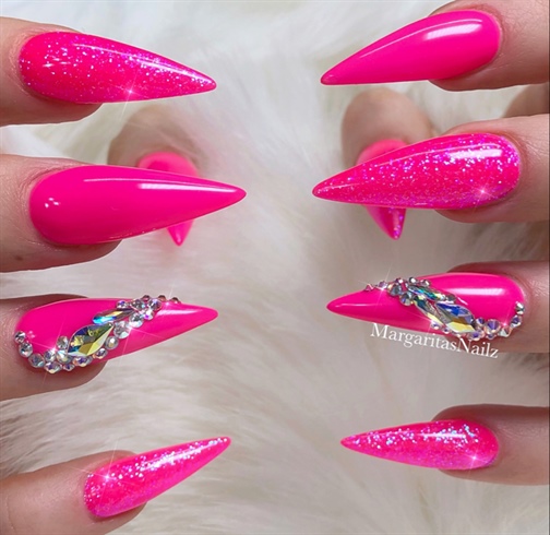 Barbie Pink Bling Stiletto Nails