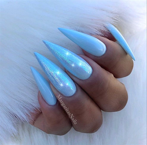 Baby Blue Glitter Chrome Stiletto Nails 