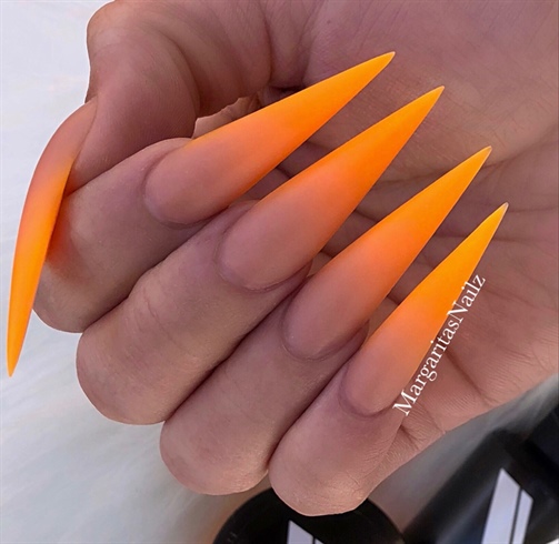 Neon Orange Ombr&#233; Matte Stiletto Nails 