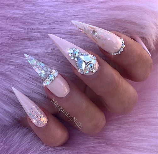 Nude Pink Opal Bling Stiletto Nails 