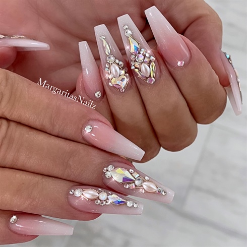 Pink And White Ombr&#233; Bling Coffin Nails