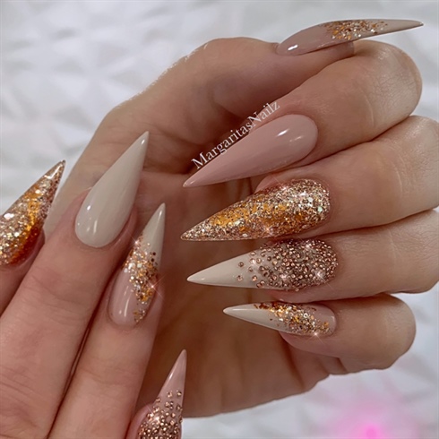 Rose Gold Nude Bling Stiletto Nails 