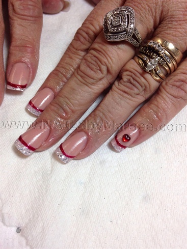 Peach acrylic with red shellac glitter free edge
