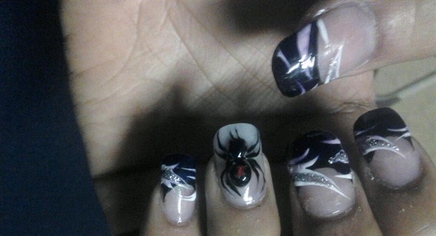 french , white nail art and 3d spider