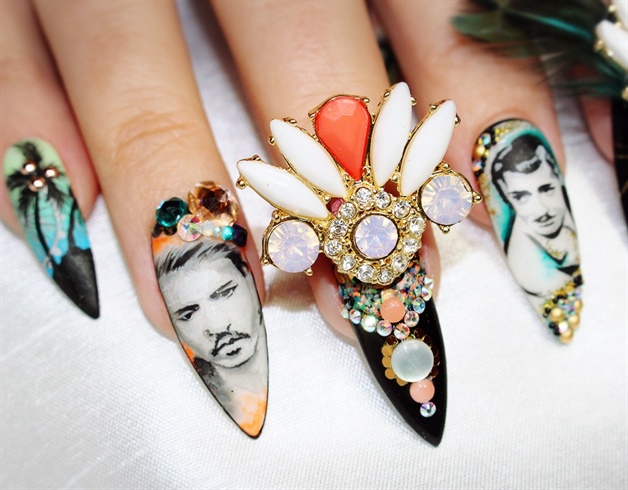 The middle finger of this hand is embellished with genuine coral, moonstone, & opals, as well as some lovely golden Paillettes. I would like to think that the look I've created could be one that Marilyn herself would have been proud to have worn. 