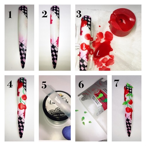 This was such a fun nail to create. You'll be using your first unconventional item, the red votive candle. As you can see from the pics above, I had to show you the messy part of this step. You'll need to protect your work surface and wear gloves to caution against the hot wax.  1)  Add a bit of pink pigment and glitter to the perimeter of the nail with base gel. Cure and add a second coat of gel to smooth surface. Proceed with painting the checkerboard boarder as in the previous steps.  2)  add cloud shapes in red gel and sprinkle with red glitter, cure & add a generous layer of matte top coat. Cure and wipe tacky layer.  3)  Light candle and allow wax to drip on the paper towel several times before applying to the nail...you'll see a regularity in the 