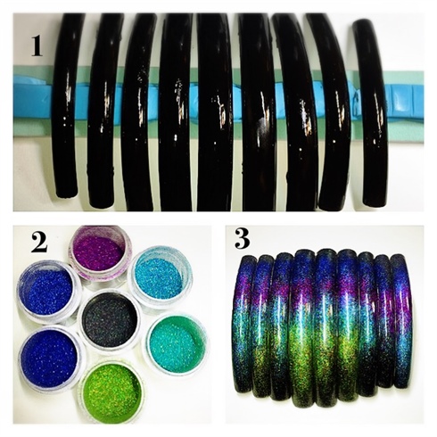 1. Prepare nine nail tips with two coats Black Pool Shellac.  2. You’ll need seven glitter selections. Shown are the Wildflowers micro-glitters. Micro means the pieces of glitter are much smaller and work better for this project of creating the cosmo sky.  3. Working from darkest to lightest, apply glitter in tacky layer of Shellac.