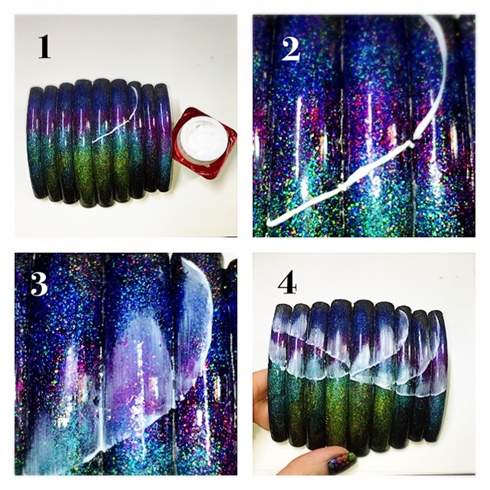 1. Adhere nails to each other and place string of white hard gel to begin creating northern lights.  2. Do not cure  3. Using a flat brush drag gel in one direction until desired effect achieved. 4. Cure, top coat & remove tacky layer from all nails.