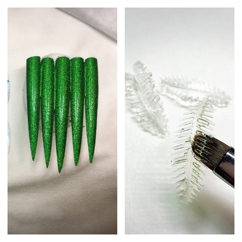 Prepare five nails with green glitter gel polish. 2. Sculpt palm trees from hard gel and make the tiny palm leaves (you’ll need 80 of them). A small brush is essential for the leaves. Just paint the gel out on parchment paper and cure. You can do several at one time. GEL TIP: If your gel is too oozy, meaning it’s running together and you’re not able to achieve the detail you’d like, sit it in some ice water. This will help firm it up and it’ll keep its shape a bit better.