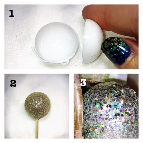 Epcot center: Using a rubber bouncy ball, dip half way into white hard gel. Cure and remove gel. Repeat. 2. Attach the two pieces together and cover with glitter gel polish. 3. You’ll need some diamond shaped Paillettes and no-cleanse gel top coat. Apply them individually, a few at a time into the wet gel, and cure. This is time consuming but worth the effort.