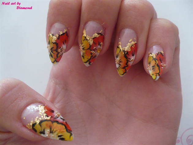 Chinese nail art,red and yellow flowers 