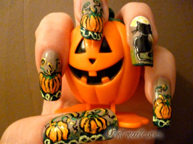 pumpkin and cat halloween nail art