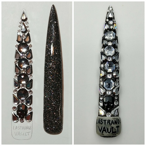 Lastrange Bank Vault: I traced the nail tip on a piece of paper and arranged the Swarovski crystals into the desired design leaving room for the stone plaque at the base. I painted the tip with a black glitter gel polish to add extra sparkle, and then I applied the crystals. The plaque was sculpted with odorless acrylic so that it was easier to bend it into the desired curve. I detailed it using acrylic paint and various marbling techniques.