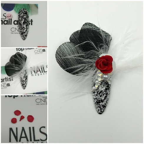 Contrast Nail: > Paint the nail with black gel paint, then apply a single coat of white lace gel. Top with Shine-On. > Attach ruffles and feathers. > Sculpt a rose using red acrylic and apply. > Finish embellishing by using Swarovski crystals, pearls, and beads.