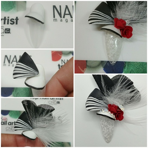 Hat Nail: > To add the brim of the hat, trim and shape a half-well nail tip down to size. To seamlessly attach this piece onto the nail apply with fiberglass resin. Paint the top portion of the hat with white gel paint, and outline the rim with black gel paint. > Like the thumb nail, sculpt two bow elements by combining black gel paint with gel art powder over a curved nail form. Detail one of the elements with stripes using white gel paint. Top with Matte-On. Overlap them and apply to the nail. > Apply ruffles and feathers. > Sculpt two roses using red acrylic, and attach them to the top of the hat. > Paint the base of the nail with a single coat of White Lace Gel and top with Shine-On. > Paint lace design with white gel paint, cover with gel art powder and cure. > Add Swarovski crystals, pearls, and beads to the top of the hat.