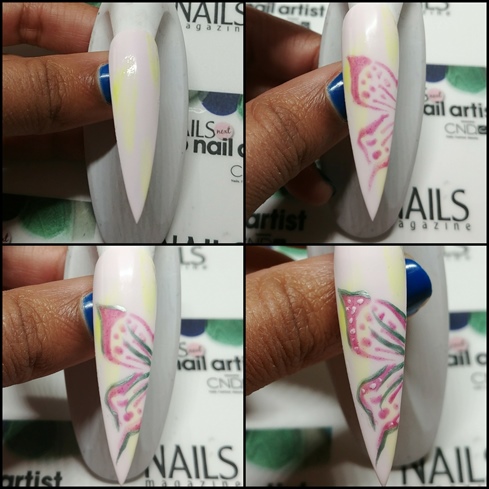 1. Base the nail with Power Pastel. 2. Add brush strokes with pastel yellow. 3. Paint butterfly with 2 coats of rose mauve color combo. 4. Outline butterfly with Electric Jungle. 5. Add dots around the edges of the wings using Power Pastel again. 6. Paint the 3D butterfly wings, seen in step 6, with these same techniques but base the wings with Electric Jungle, paint details with Power Pastel, and outline with rose mauve. (tip: when painting over gel polish with regular polish remove the tacky layer with a dry wipe so the paint will stick better.)