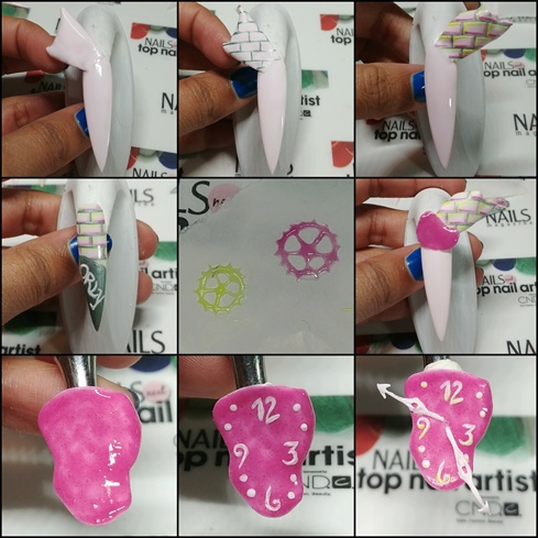 1. After attaching the 3D backgrounds to the nails, paint with Power Pastel. 2. Paint brick pattern using Electric Jungle. Outline the brinks with both pastel yellow and rose mauve. For the Orly tagged nail, only paint the top portion with the brick pattern and then paint the tip with Electric Jungle. 4. Paint the gears with Electric Jungle, pastel yellow and rose mauve. 5. On the clock and tagged nails, Paint the lettering and numbers with Power Pastel. Then use the yellow along the bottom of the letters/numbers to add a graffiti-like effect. 