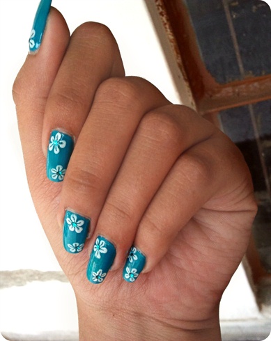 Blue Summer Nails With White Flowers =)