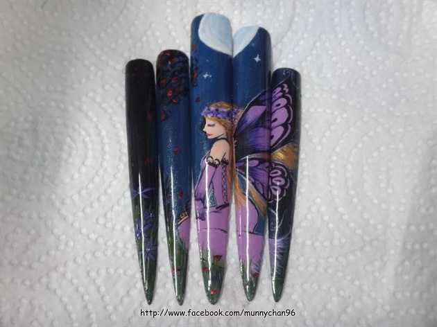 Hand painted purple fairy nail art