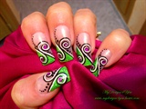 Green, Black and White Swirls Nails