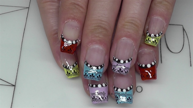 colorful french nail design with stampin