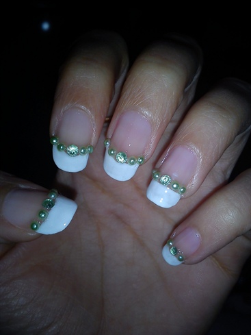 white tips with Green rheinstones+ pearl