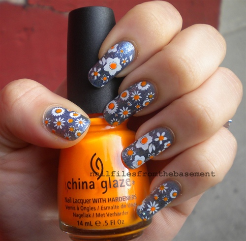 Blue and Orange Floral Nails