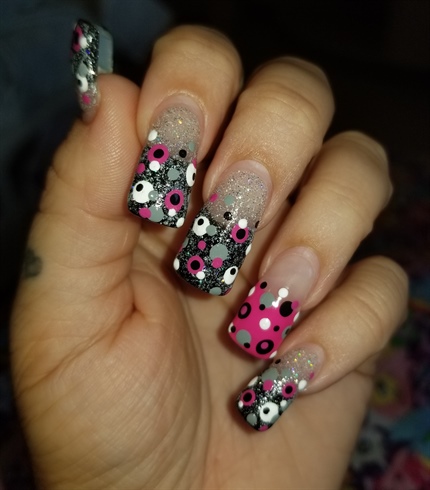 Black, pink, grey, white polka dots 
