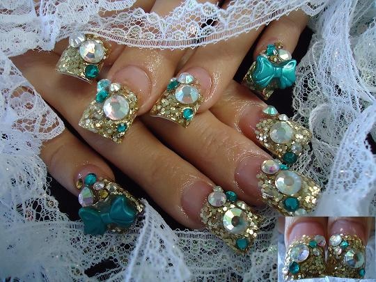 Gold &amp; Teal Blinged Out Trendy Nails
