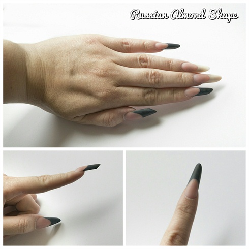 I sculpted  Russian Almond nail shape. The Russian Almond shape is a crossing of the pipe and the stiletto shapes. The nails were made using acrylic system and I used black and beige colours to create the free edge.\n(Riches Pearl from Harmony, Black Blue from Nail-Artists, Obscure Rose Cover Pink from Nail-Artists, Prohesion Crystal Clear powder from Harmony, Nail liquid from Young Nails.)