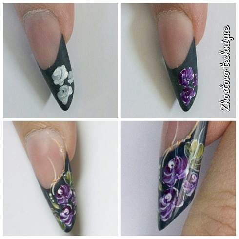 Close up the thumb. You can see a little bit more of the details and an short sbs from the Zhostovo technique.\nAdd a shiny top gel to get the perfect finish. \n\nI hope that you will enjoy this tutorial and this quick journey to Russia. ;) \n\nIf you have any questions feel free to ask them. \nOn my Instagram @nailartinlondon you will find more photos and more tutorials from Zhostovo flowers. 