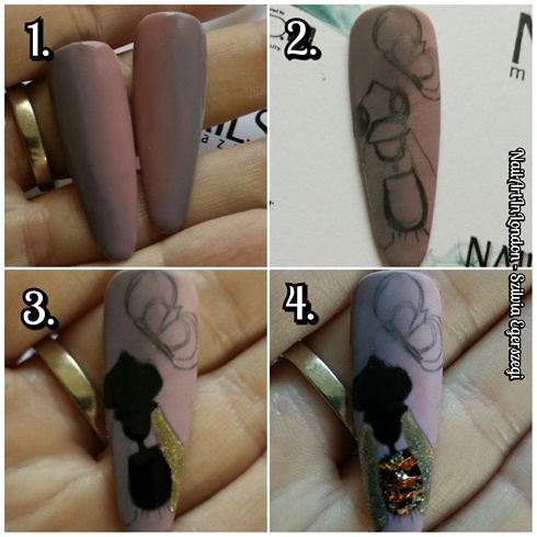 How to do the design? Painting method of the BEE: 1:  On these tips I created a nice ombre base but on the nails I used only just the greyish colour. The ombre bases were painted using gel polish. Use a flat brush or the brush of your gel polish. Cure it, wipe it and buff the surface. *** 2. If you need just do a quick sketch about your design *** 3. The base of the Bee was painted using black (for the head and body) and gold (for the wings) gel polish. Cure it and do not wipe the sticky layer *** 4. Apply the copper foil and some gold glitters. Flash cure it ((5-10 sec in LED, 30 sec in UV lamp) 