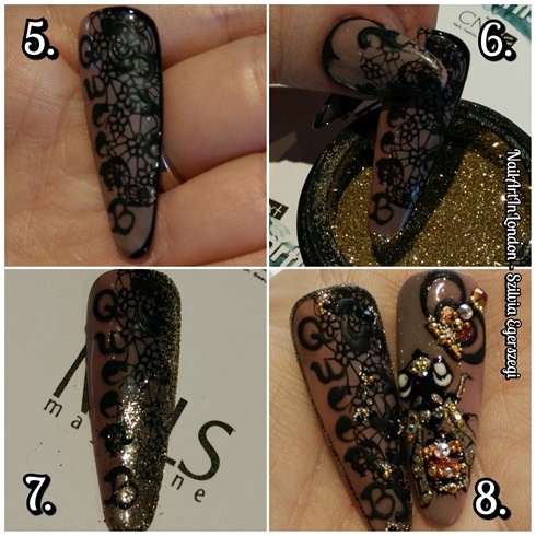 5. Paint a very thin line, like a frame with gel polish and fine detail brush. Flash cure it. *** 6. Dip into very fine gold glitters and cure it completely. *** 7. Clean the surface with brush.*** 8. Some crystals, pearls and tiny studs, pearls were added to complete the design.