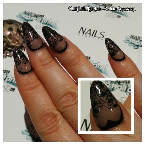You need to everything on exactly the same way as we did on the tips. :) LEFT HAND: I applies gel polish, cured it and buffed the surface. The lace pattern was made using stamping plate and black nail polish. I closed with gel polish top and wiped it. The swirls were painted over the shiny surface, because I wanted a soft and velvety 3D finish. I painted the swirls with fine brush and flash cured it. Slightly poured the nails with black acrylic powder. Cured is completely and cleaned the surface with brush and wiped with alcohol. I apologize, but I made this design with my less component hand. :)