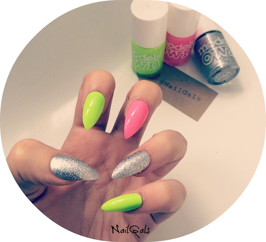 neon and silver sparkle nails