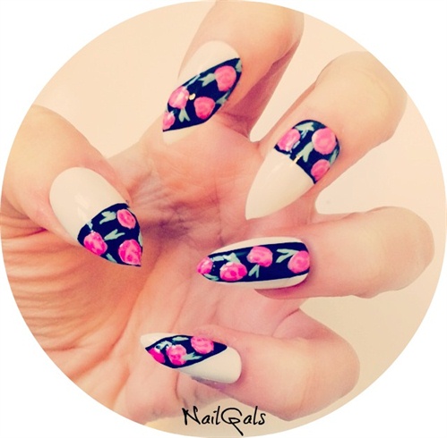 cute roses on black and nude nails