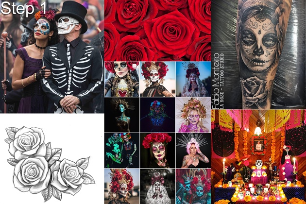I gathered inspirational images to help me create my design. I was particularly inspired by Sugar Skull makeup, and tattoos of Sugar Skulls.