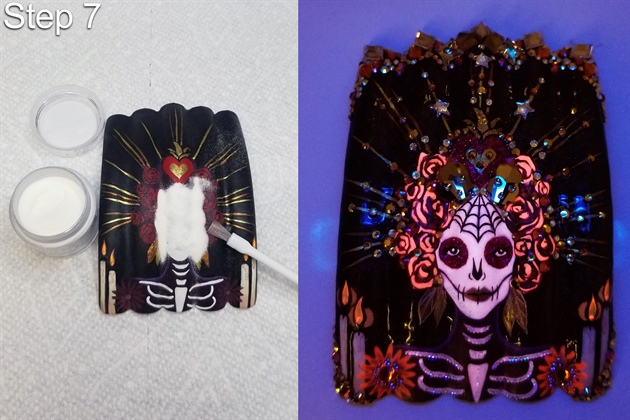 To add a glow-in-the-dark effect, spread glow pigment onto the dispersion layer of specific areas you would like to glow, curing in a UV lamp as you work. (The image on the right shows the final mural design in the dark, illuminated with UV light.)