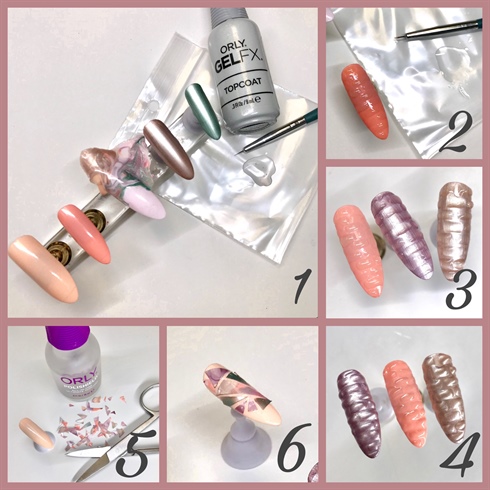 1-2-3 to create your bricks Use your FX top coat gel to create dimensions.\n4. Apply a coat of your base varnish to the bricks. Let it dry and apply the gel FX top coat. 5. Cut small pieces of varnish mix to create a mosaic and apply them on your nail using the top coat. 
