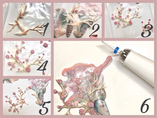  1-2 draw a pretty branch with your brush details, and check if the shape of it is harmonious. 3-4-5. Apply different shades of pinks while cure in between each of them. 6. Always file around the edges of your creations and create holes in the structure of the head so as to create light spaces as a tree would do.
