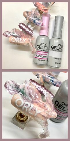 Apply your base coat easy off Gel Fx on the surface of the bubbles you want to create. Then use your white and apply randomly in drop. And without curing re apply drop in your white a drop of base coat. You will see the magic happen.