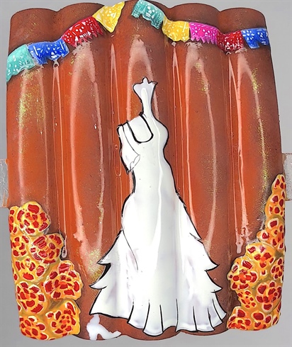Using white gel polish I painted the shape of the woman's dress and foot. Then using black gel polish and a thin liner brush I did a rough outline of the dress. For the marigolds I filled in the petals with different shades of yellow, red and orange gel polish. \n