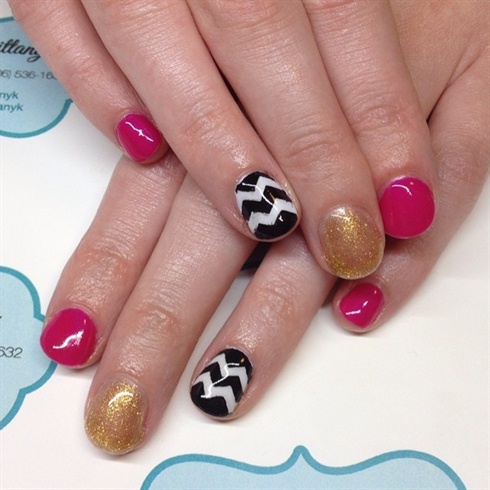 Pink, with gold and chevron accents