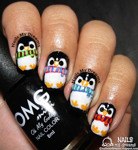Penguins with Scarves Nail Art